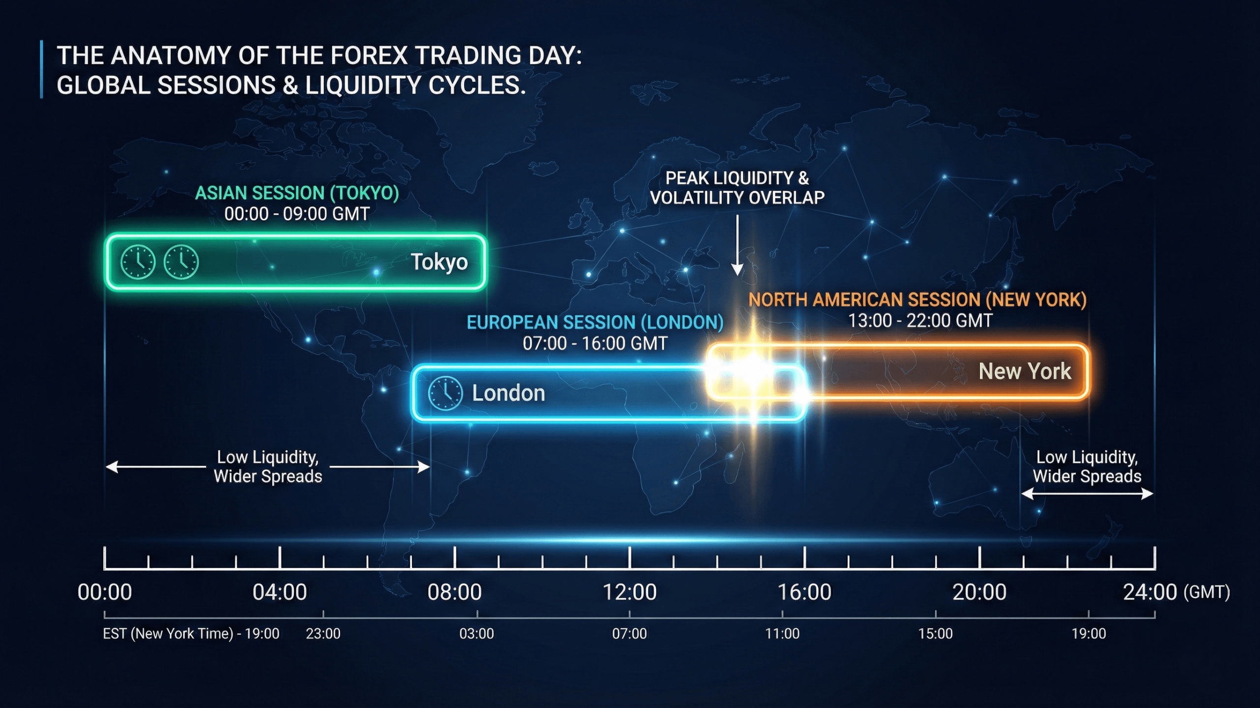 Infographic showing the anatomy of the Forex trading day, highlighting the Asian, European, and North American sessions. The chart visualizes high liquidity during the London and New York session overlap.